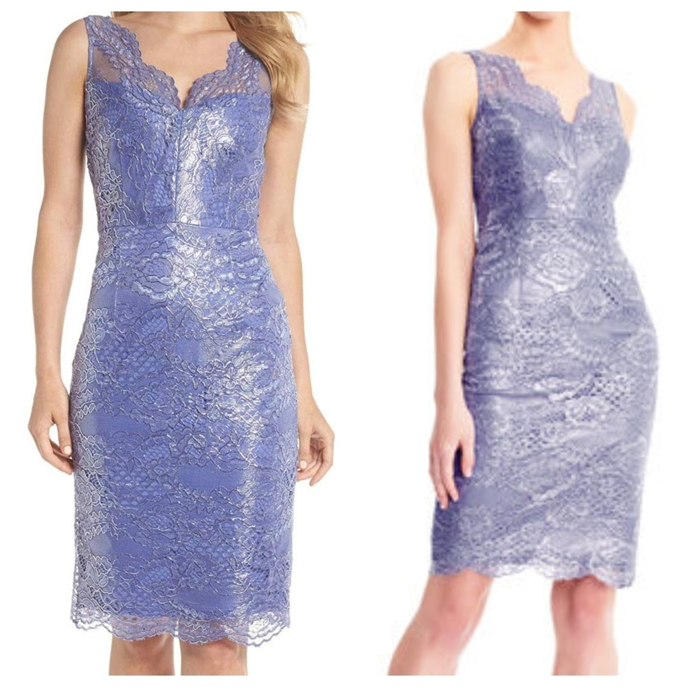 EUC purple and silver metallic lace scallop dress